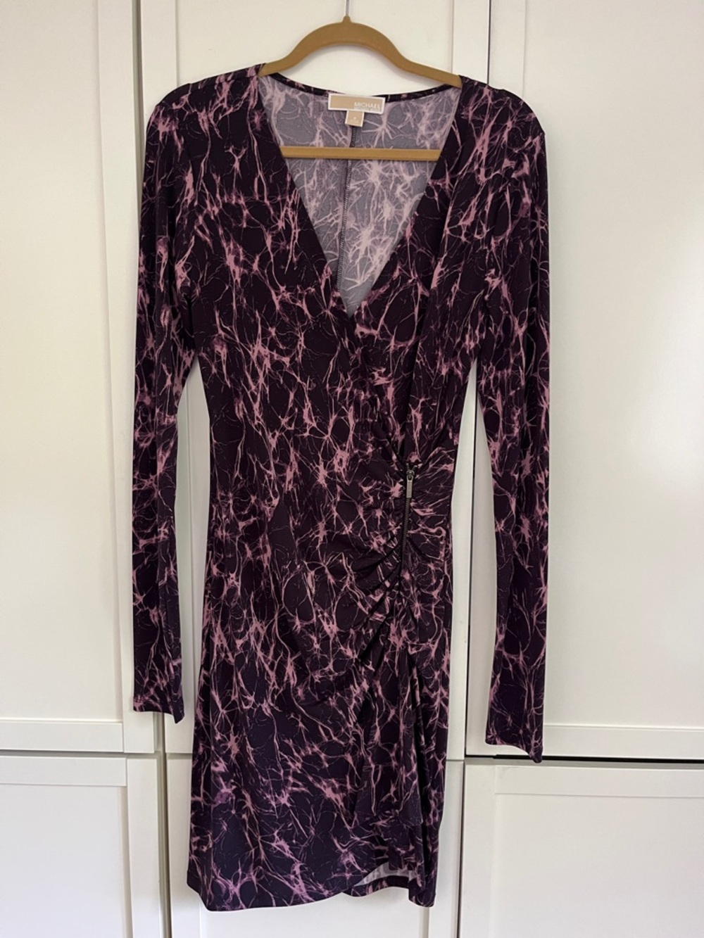 MICHAEL Michael Kors Plum and Pink Marble-Print Long-Sleeve Wrap Dress